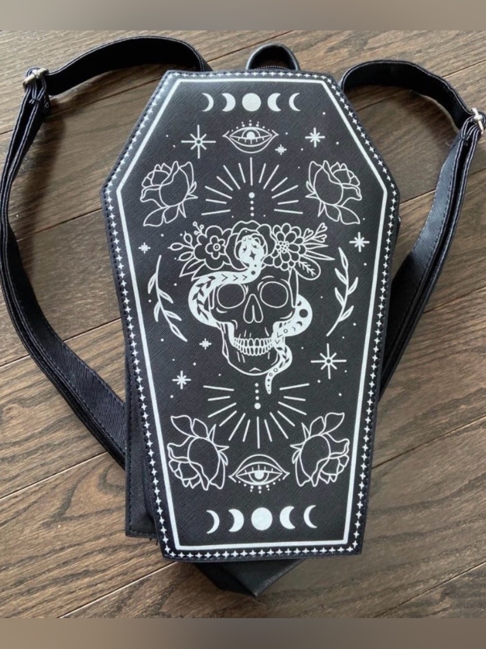 Coffin Backpack with White Skull & Moon Design